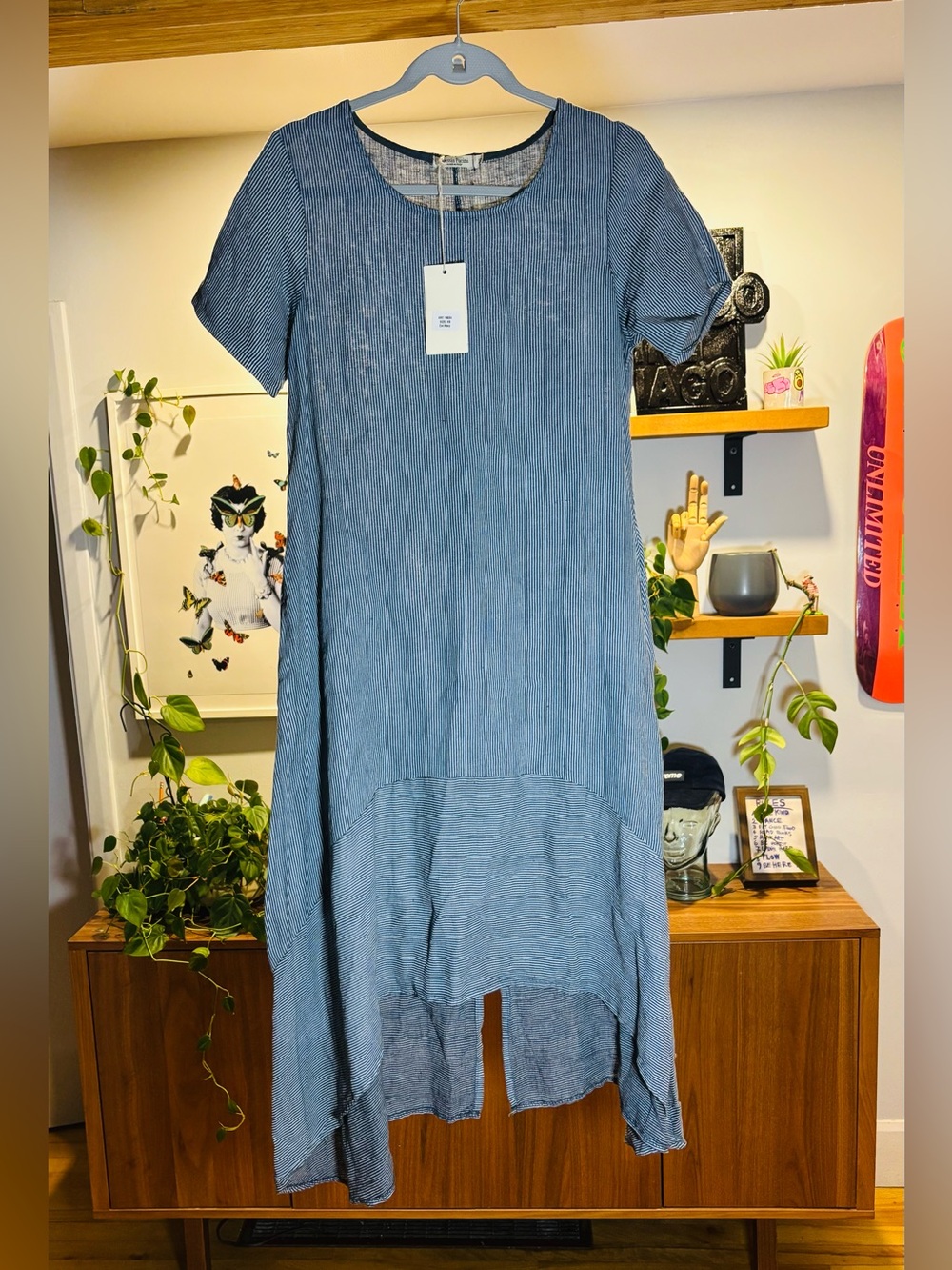 Alessia Pacini 100% Linen XS High-Low Blue Striped Dress – New with Tag